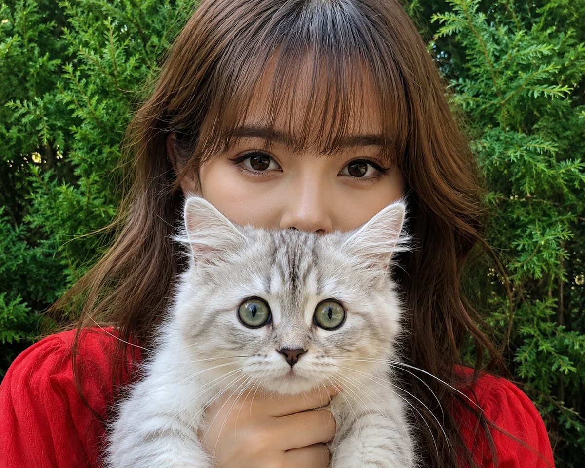 Breathtaking Woman With Kitten Close Up