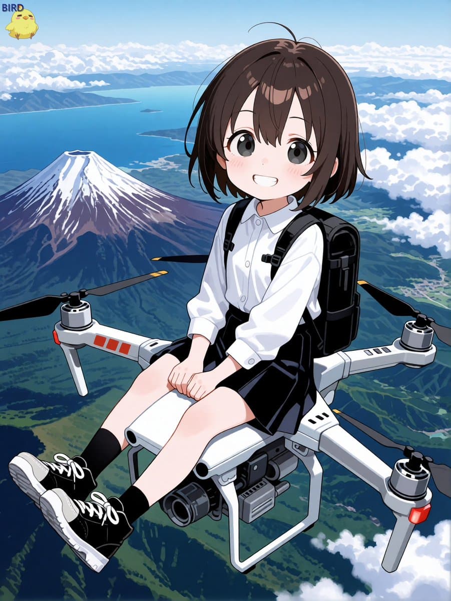 Captivating Anime Girl Riding Drone Over Mount Fuji