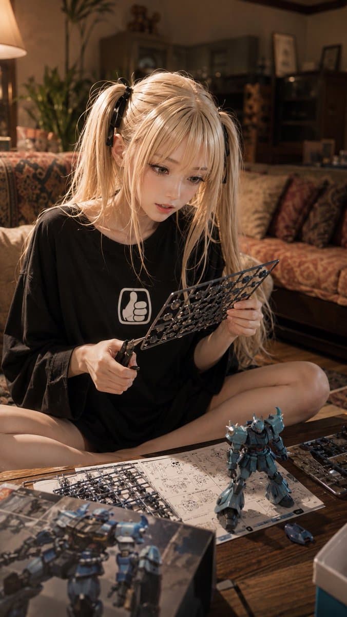 Detailed Anime Girl Building Fictional Mecha Model
