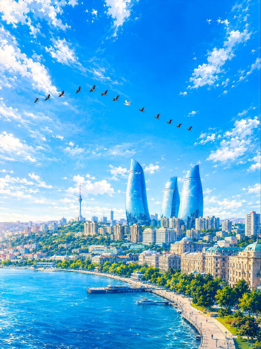 Detailed Baku Flame Towers Aerial Scene