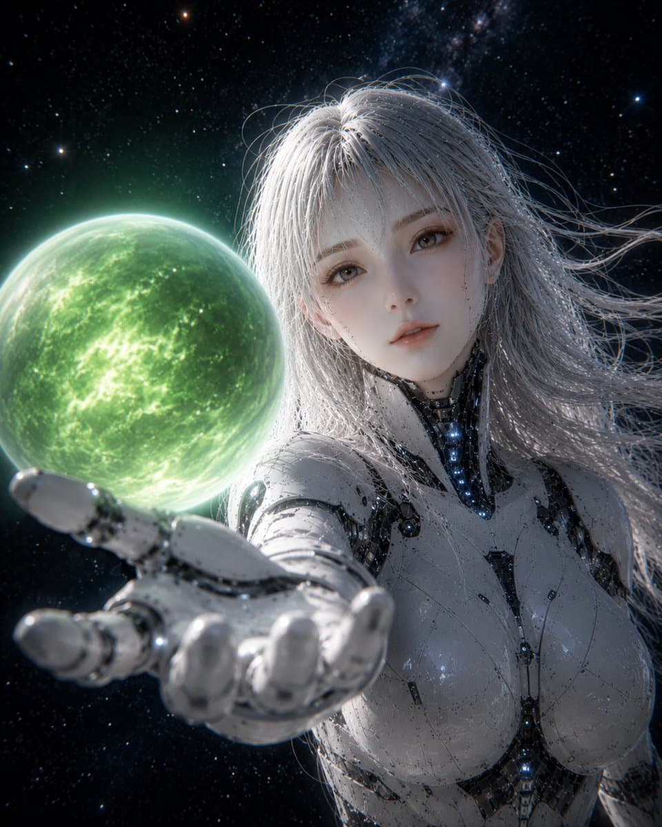 Dynamic Female Android Holding Green Planet Perspective