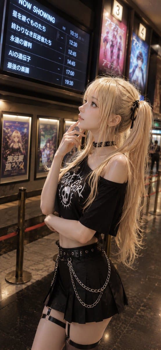 Dynamic Gothic Anime Girl In Cinema Lobby Composition