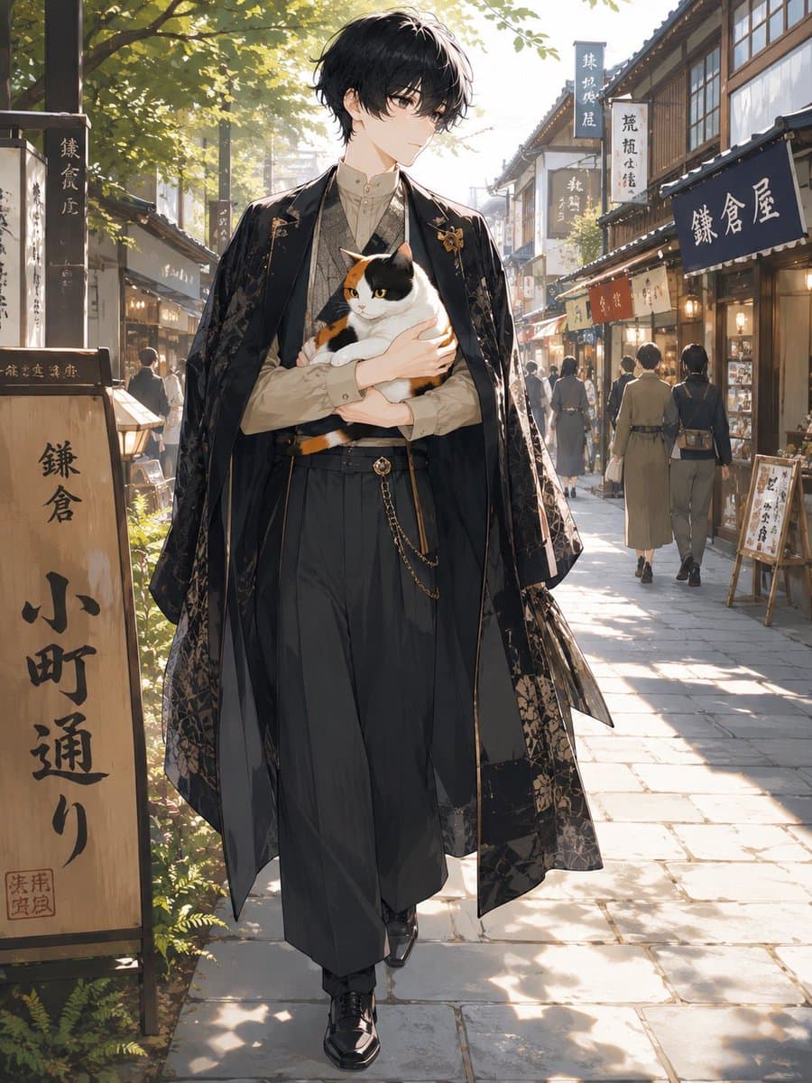 Faceless Anime Man Holding Calico Cat Composition