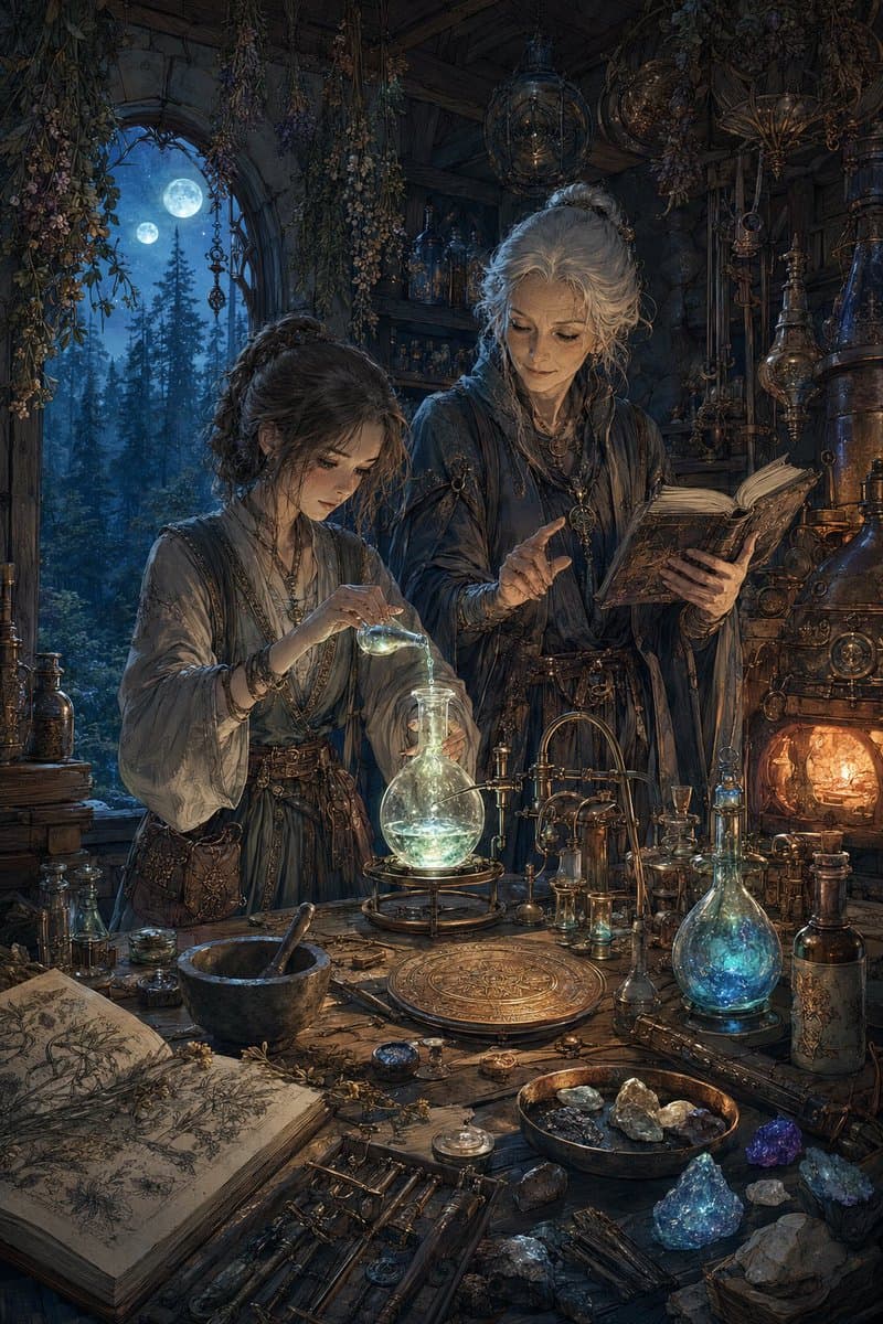 Immersive Moonlit Fantasy Alchemy Workshop Artwork