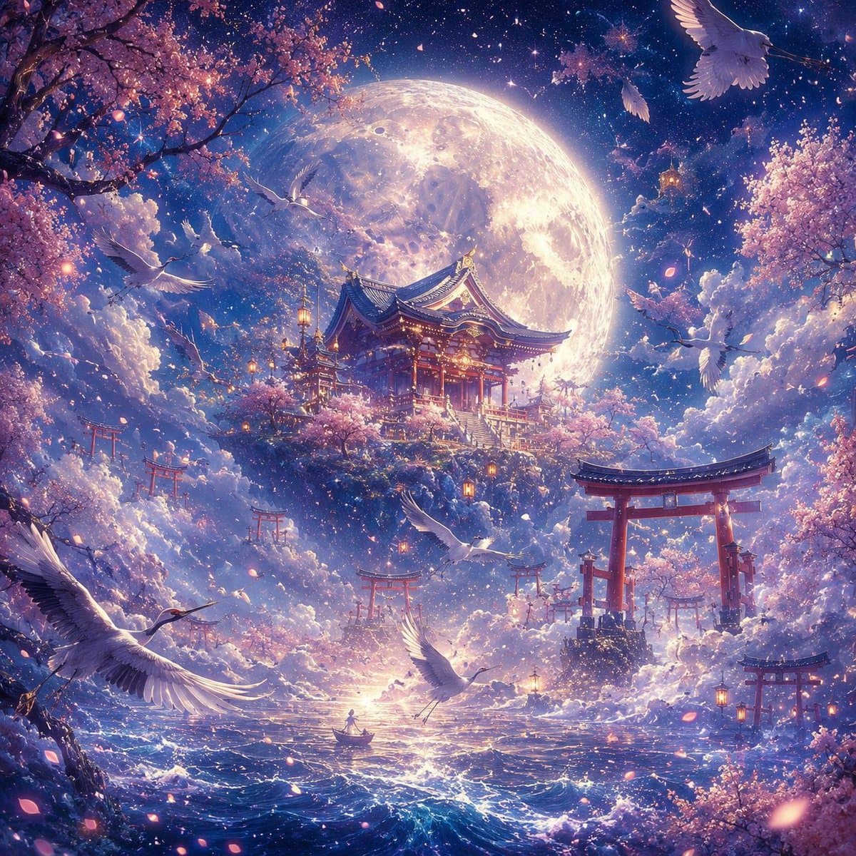 Masterful Moonlit Sakura Shrine Fantasy