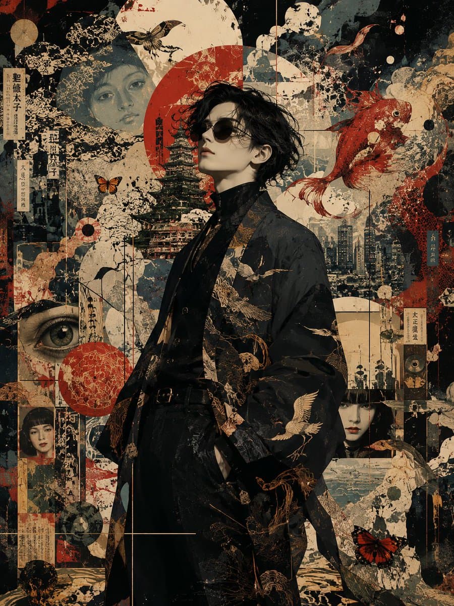 Masterful Neo Noir Japanese Fashion Collage Masterpiece