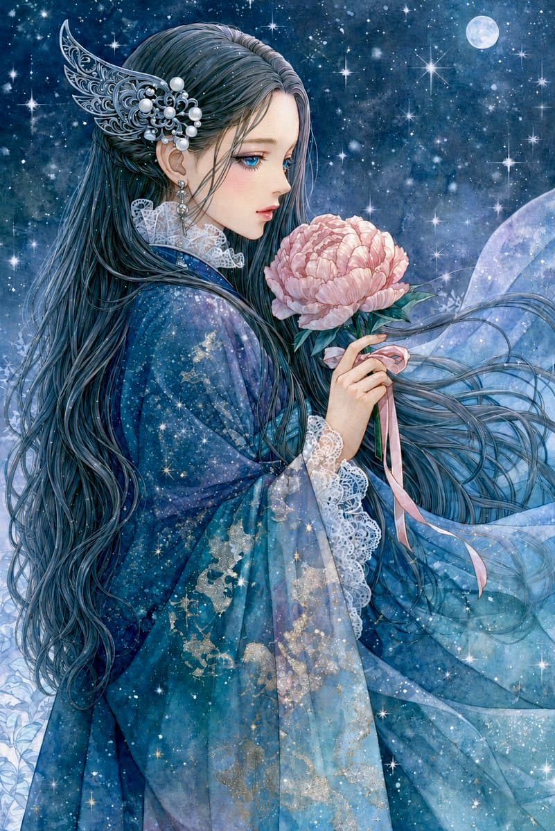 Moonlit Anime Woman With Peony