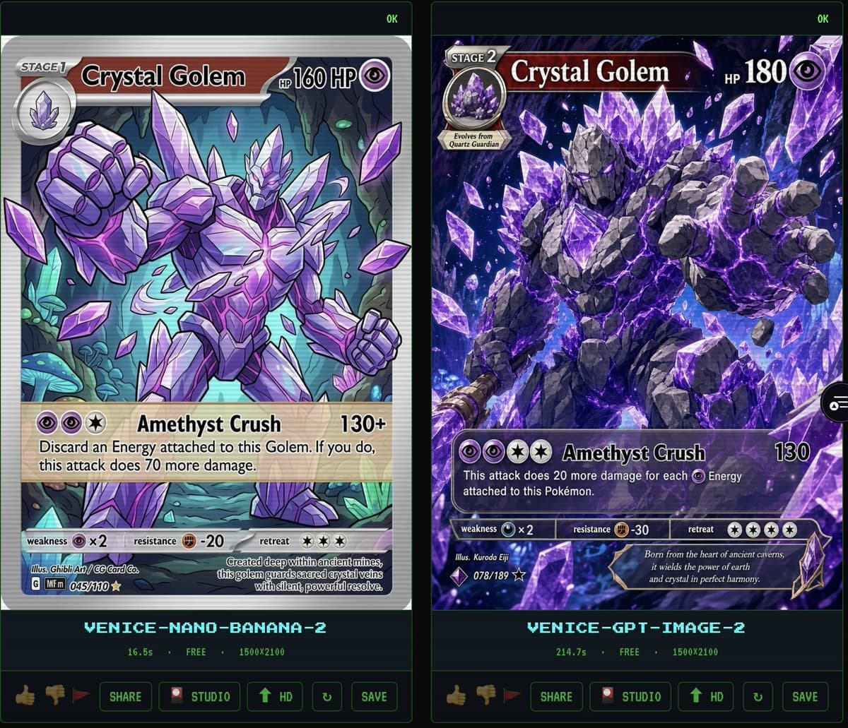 Photorealistic Crystal Golem Card Comparison Ui