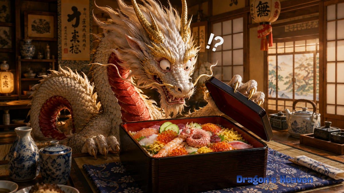 Photorealistic Shocked Dragon Opens Chirashi Sushi Composition