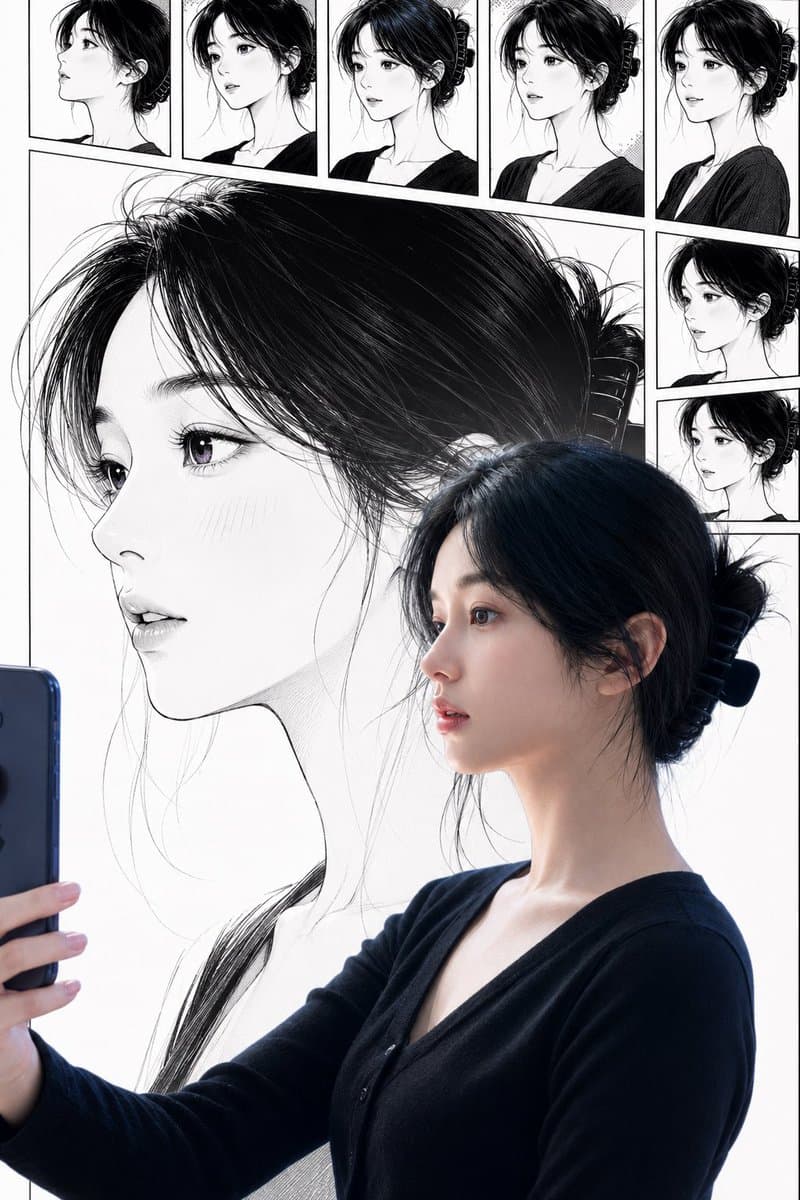 Real Woman With Manga Counterpart Selfie