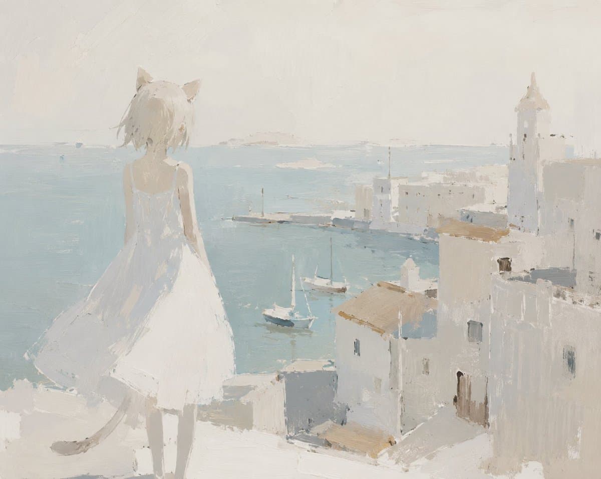 Stunning Minimalist Cat Girl Seaside Painting