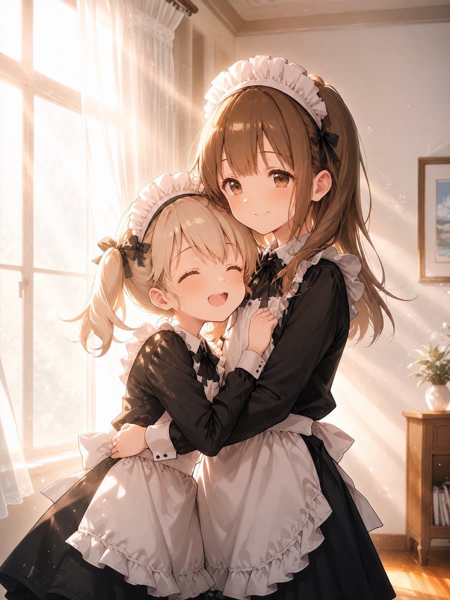 Sunlit Maid Sisters Hug Artwork