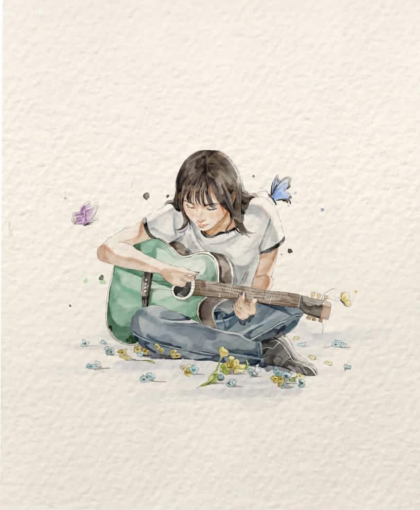 Watercolor Illustration Of Guitar Player